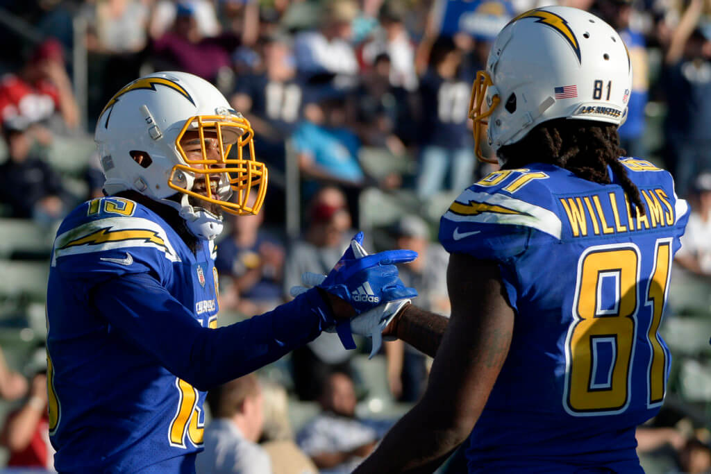 Mike Williams and Keenan Allen celebrate a touchdown.